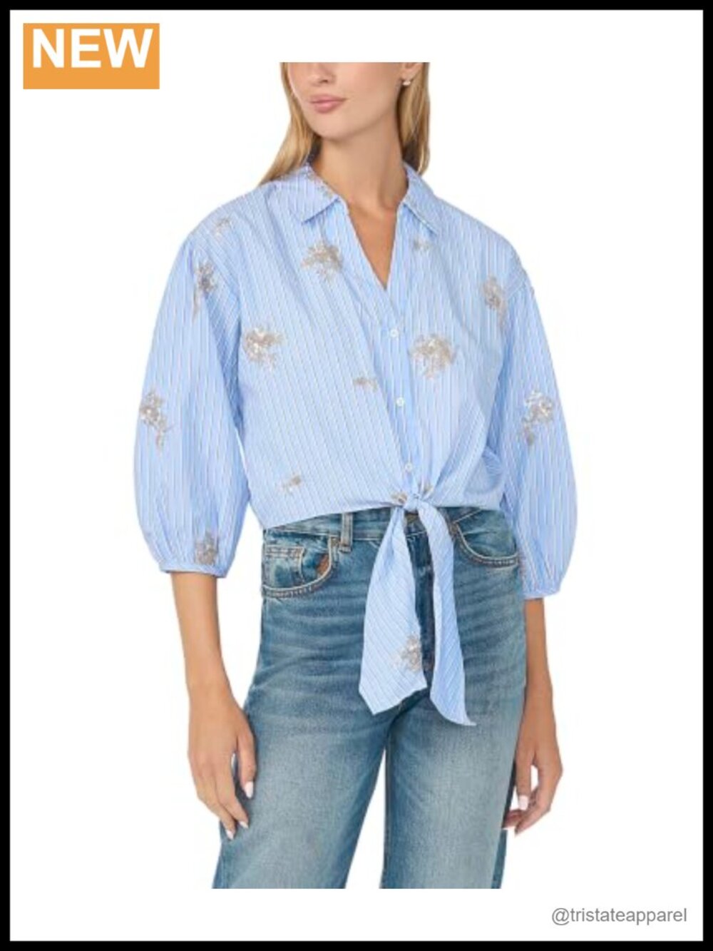 Women's Striped Sequin Motif Balloon 3/4 Sleeve Tie-Hem Button Down Top